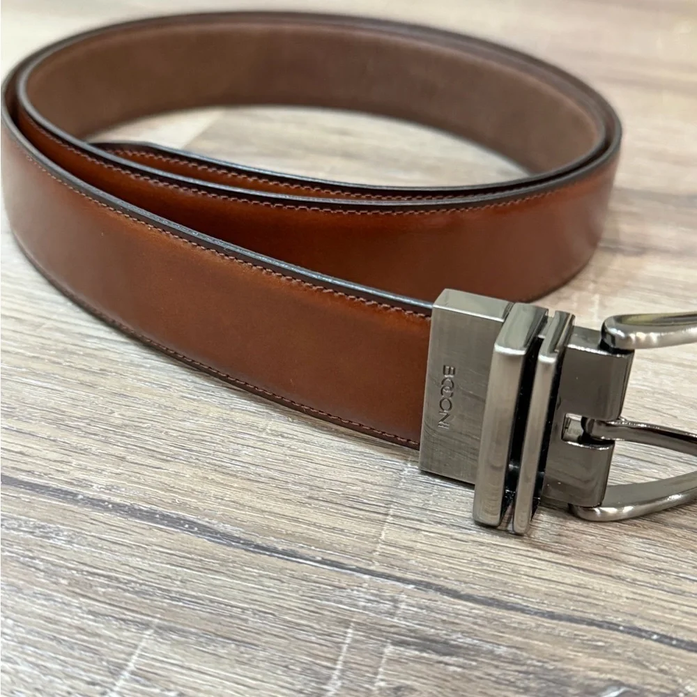 Like New Boconi Size 44 Genuine Leather Brown Leather Belt with Silver Buckle